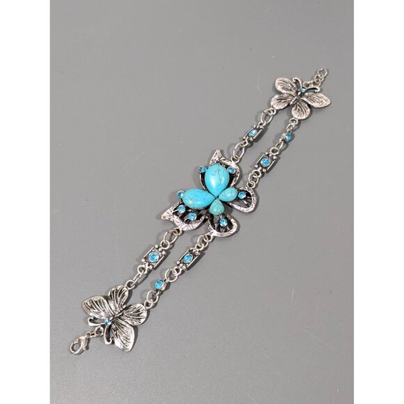 Beachy Boho Faux Turquoise Stone Butterfly Chain Bracelet 8" - Picture 2 of 7
